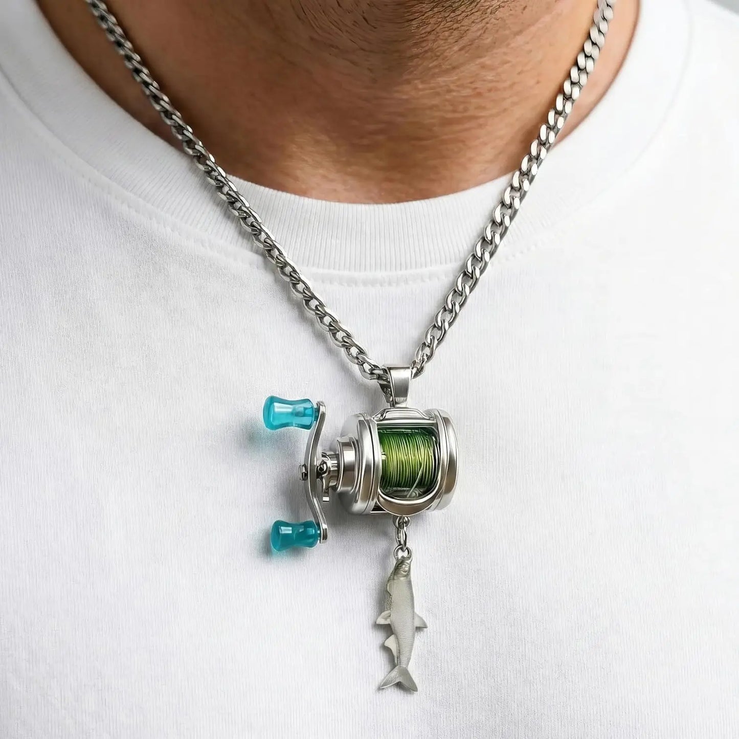 Mini Fishing Reel Necklace, Interactive Stainless Steel Pendant with Real Adjustable Line & Fish Charm , Unique Fidget Gift for Anglers, Dad, Fisherman