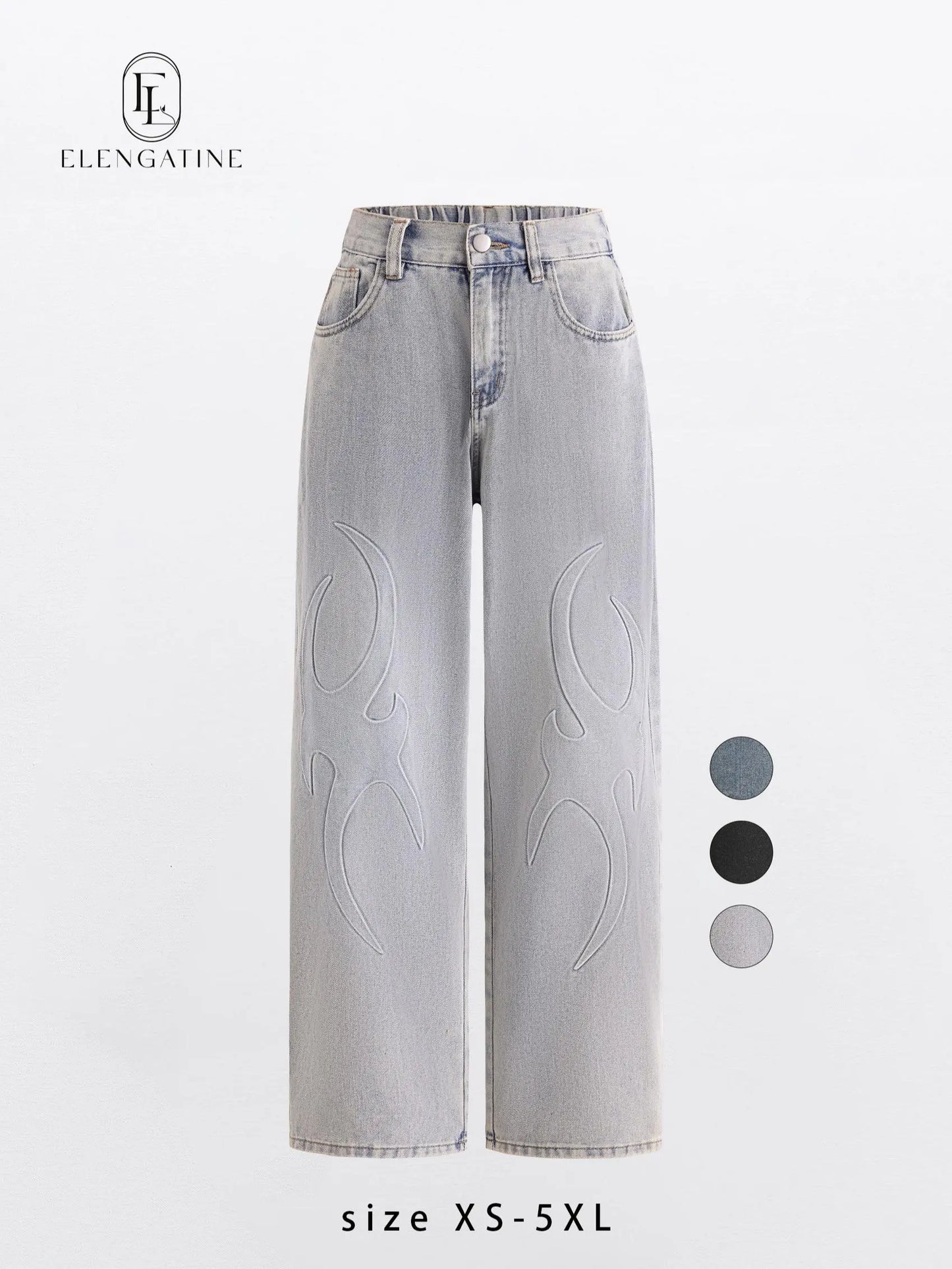 Elengatine Embossed Flame Pattern Denim Jeans for Women Light Wash Loose Wide Leg Silhouette Elastic Waistband Y2K Streetwear Inspired Soft Viscose Cotton Blend Casual Outfits Stand Out Fashion Piece