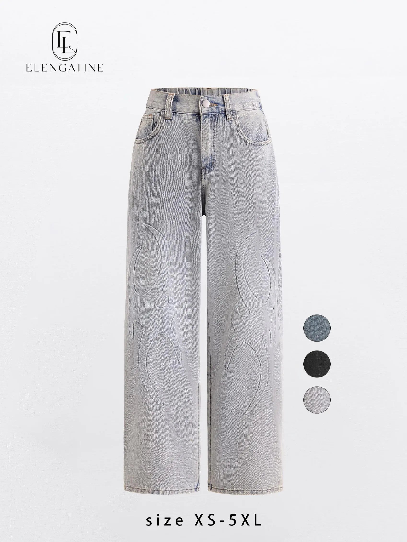 Elengatine Embossed Flame Pattern Denim Jeans for Women Light Wash Loose Wide Leg Silhouette Elastic Waistband Y2K Streetwear Inspired Soft Viscose Cotton Blend Casual Outfits Stand Out Fashion Piece