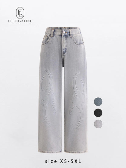 Elengatine Embossed Flame Pattern Denim Jeans for Women Light Wash Loose Wide Leg Silhouette Elastic Waistband Y2K Streetwear Inspired Soft Viscose Cotton Blend Casual Outfits Stand Out Fashion Piece