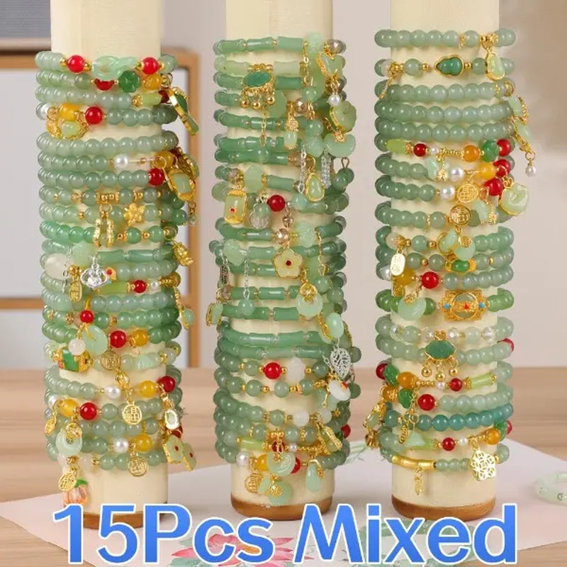15/30Pcs Elegant Green Glass Elastic Bracelet Set - with Flower Butterfly Peanut Charm, Ideal for Daily & Gift Occasions Accessory