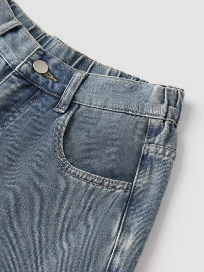 Elengatine Embossed Flame Pattern Denim Jeans for Women Light Wash Loose Wide Leg Silhouette Elastic Waistband Y2K Streetwear Inspired Soft Viscose Cotton Blend Casual Outfits Stand Out Fashion Piece