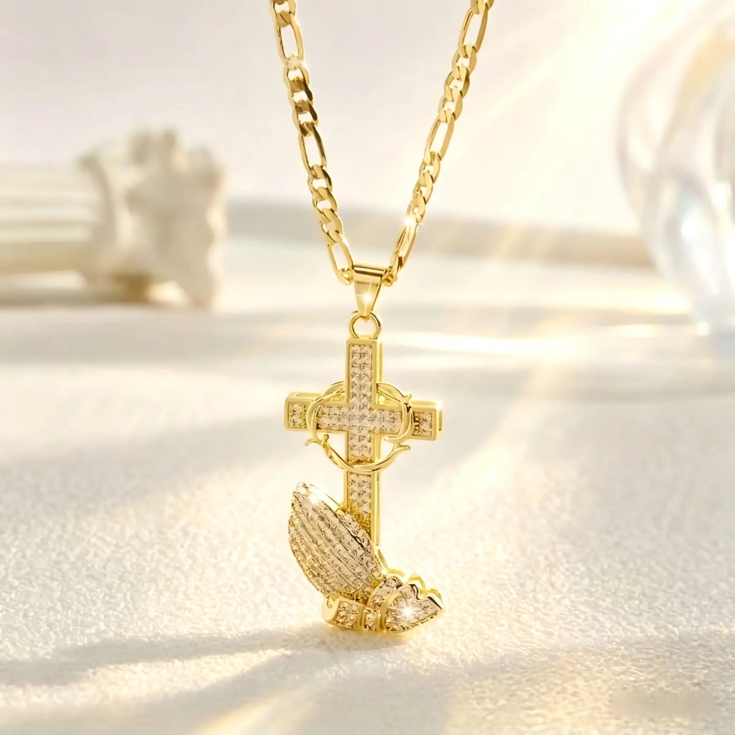 14K Gold Plated Boho Style Pendant Necklace with Cross & Prayer Hand Design - Sparkling Zirconia, Elegant Religious Jewelry for Weddings, Parties, and Special Occasions, Festive Accessory|Bohoinspired Design|Durable Chain, Christian Jewelry