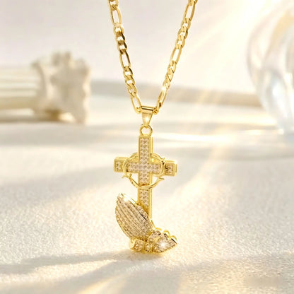 14K Gold Plated Boho Style Pendant Necklace with Cross & Prayer Hand Design - Sparkling Zirconia, Elegant Religious Jewelry for Weddings, Parties, and Special Occasions, Festive Accessory|Bohoinspired Design|Durable Chain, Christian Jewelry