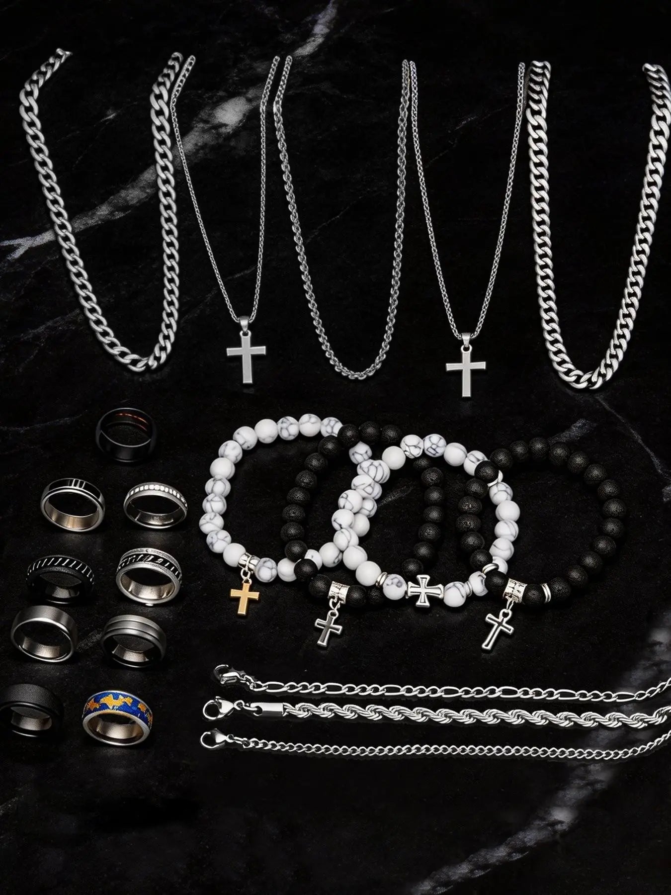 21-Piece Stainless Steel Jewelry Set for Men, Casual Punk Cross Pendant Necklace, Cuban Chain Set, Chain Bracelet, Ring Set, Perfect Gift for Dates
