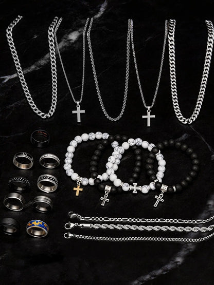 21-Piece Stainless Steel Jewelry Set for Men, Casual Punk Cross Pendant Necklace, Cuban Chain Set, Chain Bracelet, Ring Set, Perfect Gift for Dates