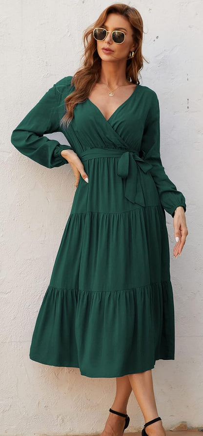 Elevate your fall style with our gorgeous Green Wrap V Neck Midi Dress! Perfect for parties and casual outings! 🍂💚✨ #Fashion #FallStyle #OOTD