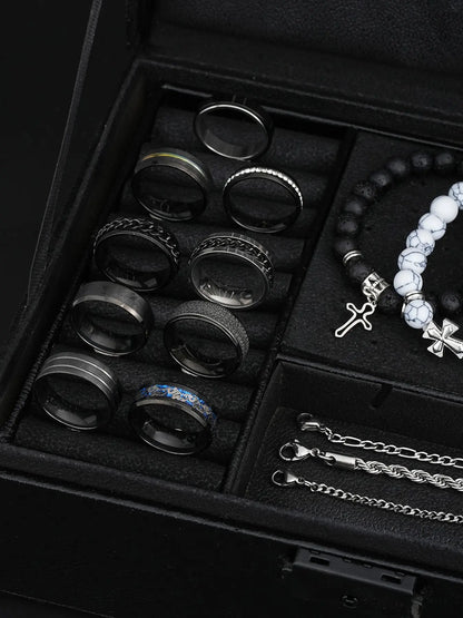 21-Piece Stainless Steel Jewelry Set for Men, Casual Punk Cross Pendant Necklace, Cuban Chain Set, Chain Bracelet, Ring Set, Perfect Gift for Dates