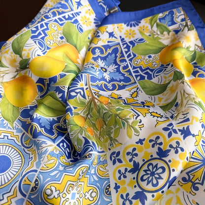1PC Blue Imitation Silk Square Scarf, a Stylish Lemon Print Headscarf, a Women'S Decorative Neckerchief, a Soft and Silky Shawl Suitable for All Seasons, Floral Headscarf