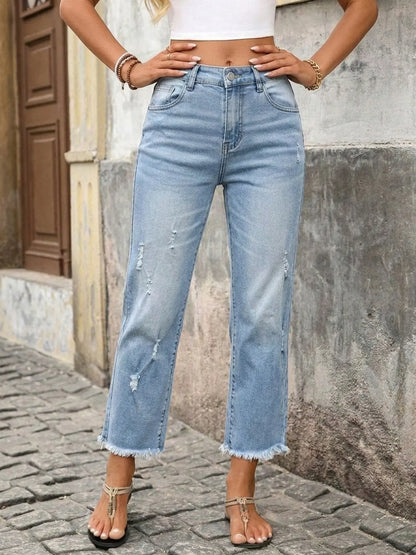 Women'S Loose-Fit Straight Ripped Cropped Jeans, Casual Denim Capri Pants, Elastic Fabric, All-Season Wear, Perfect for Outing and Dates