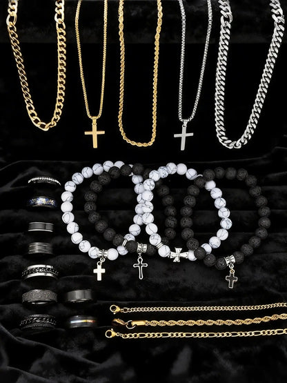21-Piece Stainless Steel Jewelry Set for Men, Casual Punk Cross Pendant Necklace, Cuban Chain Set, Chain Bracelet, Ring Set, Perfect Gift for Dates