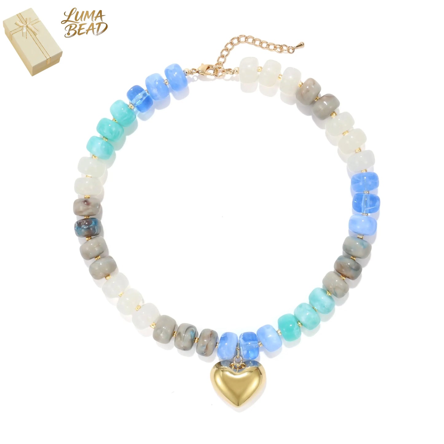 Y2K Chunky Heart Necklace for Women Colorful Acrylic Beaded Choker Cute Boho Puff Heart Statement Jewelry for Gift