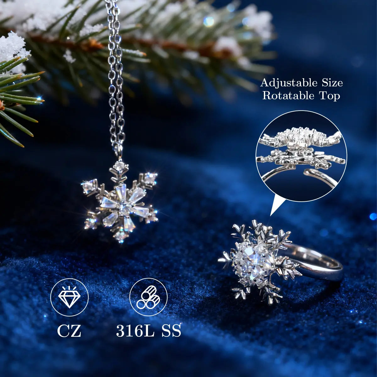 Snowflake Spinner Ring & Pendant Set, Sparkling Cubic Zirconia, Hypoallergenic, No Fading, Open Ring, 16-18'' Necklace, Perfect Holiday Gift,Winter Jewelry