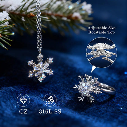 Snowflake Spinner Ring & Pendant Set, Sparkling Cubic Zirconia, Hypoallergenic, No Fading, Open Ring, 16-18'' Necklace, Perfect Holiday Gift,Winter Jewelry