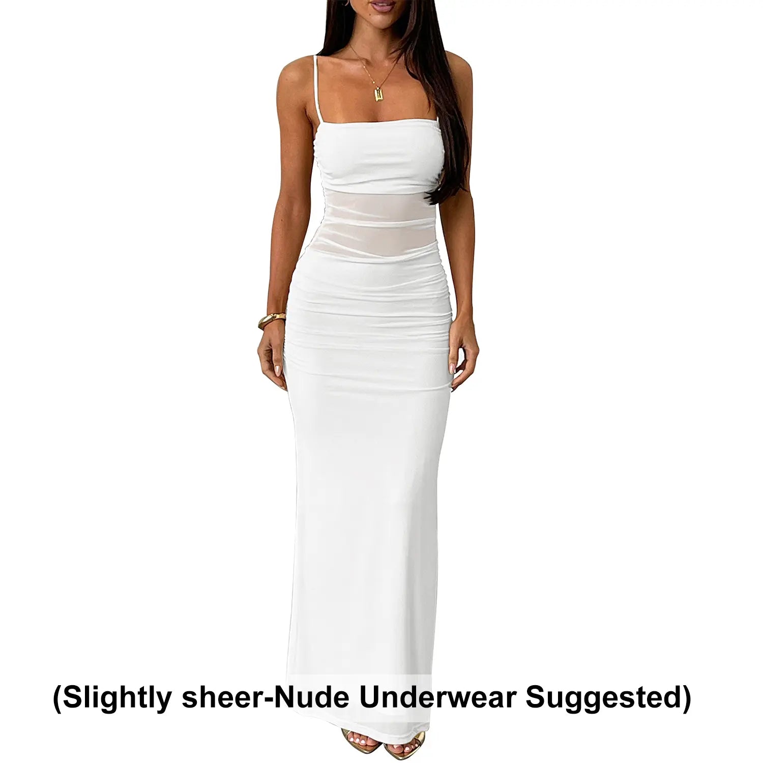 Kaximil Women'S Mesh Bodycon Maxi Dress Sexy Backless Square Neck Long Cocktail Dress for Wedding Guest, Summer Vacation, Graduation Prom & Party 2026 Ruched Spaghetti Strap Semi Formal Aesthetic Dress Breathable Soft Womenswear