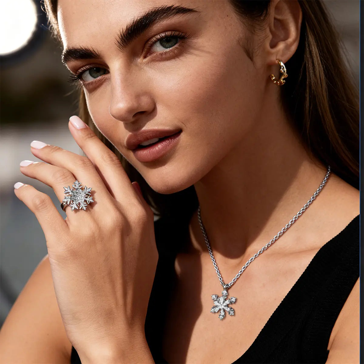 Snowflake Spinner Ring & Pendant Set, Sparkling Cubic Zirconia, Hypoallergenic, No Fading, Open Ring, 16-18'' Necklace, Perfect Holiday Gift,Winter Jewelry