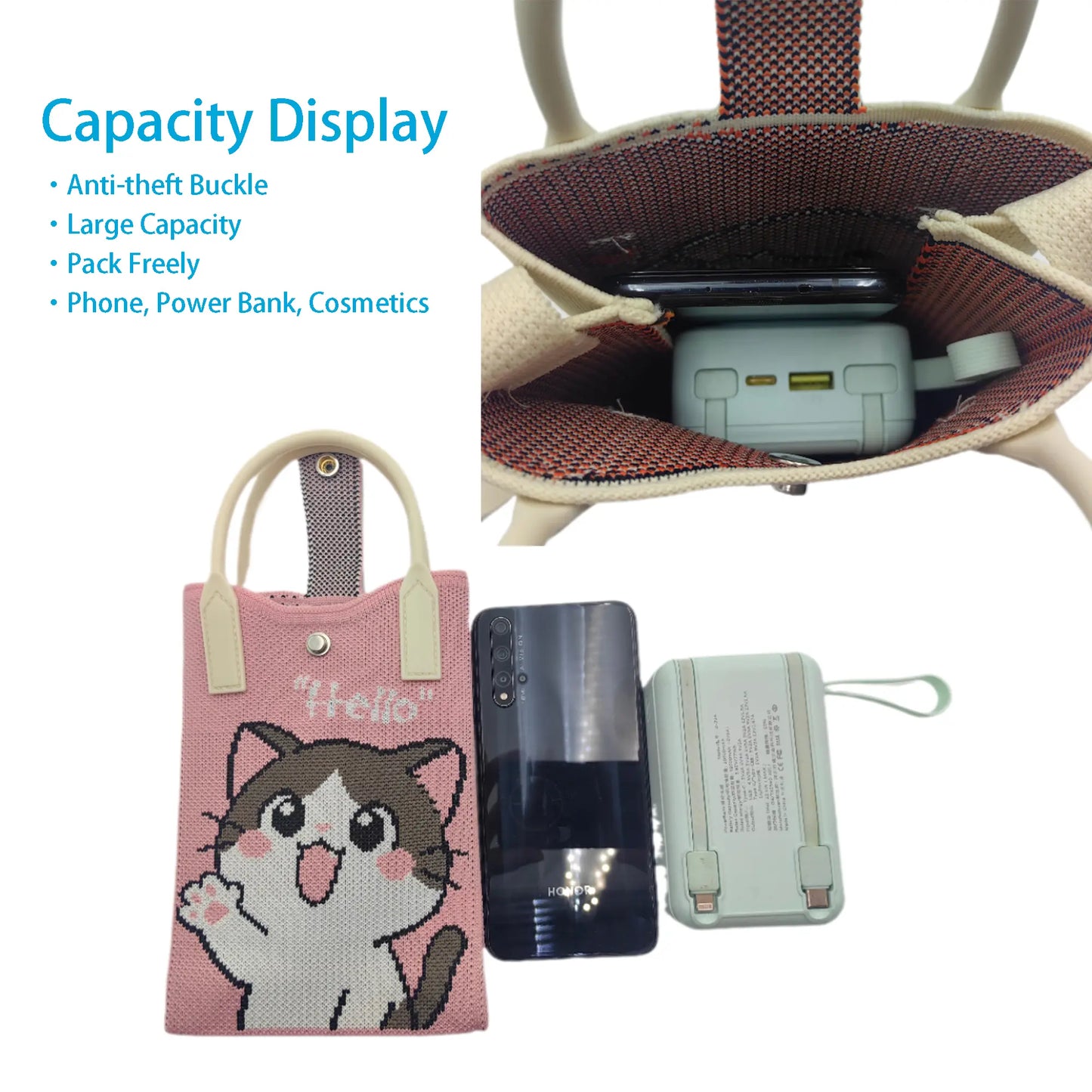 Cute Cat Phone Tote Bag Mini Knit Crossbody Bag Women Small Handbag with Shoulder Strap 4.72 X 7.09 X 1.97 Inches Practical Crochet Pouch for Cell Phone Keys and Lipsticks