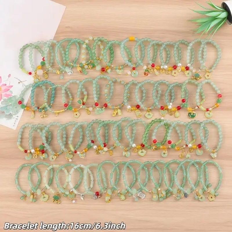 15/30Pcs Elegant Green Glass Elastic Bracelet Set - with Flower Butterfly Peanut Charm, Ideal for Daily & Gift Occasions Accessory