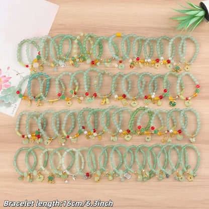 15/30Pcs Elegant Green Glass Elastic Bracelet Set - with Flower Butterfly Peanut Charm, Ideal for Daily & Gift Occasions Accessory