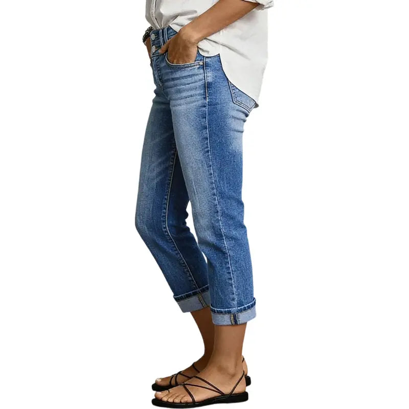 Flamingals Roll Hem Dual Button Mid Waist Straight Leg Crop Jeans Womenswear Stretchy 21.5" Inseam