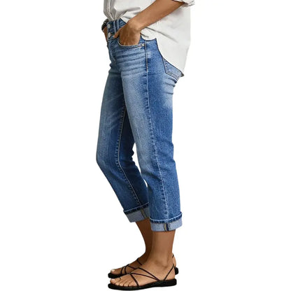Flamingals Roll Hem Dual Button Mid Waist Straight Leg Crop Jeans Womenswear Stretchy 21.5" Inseam