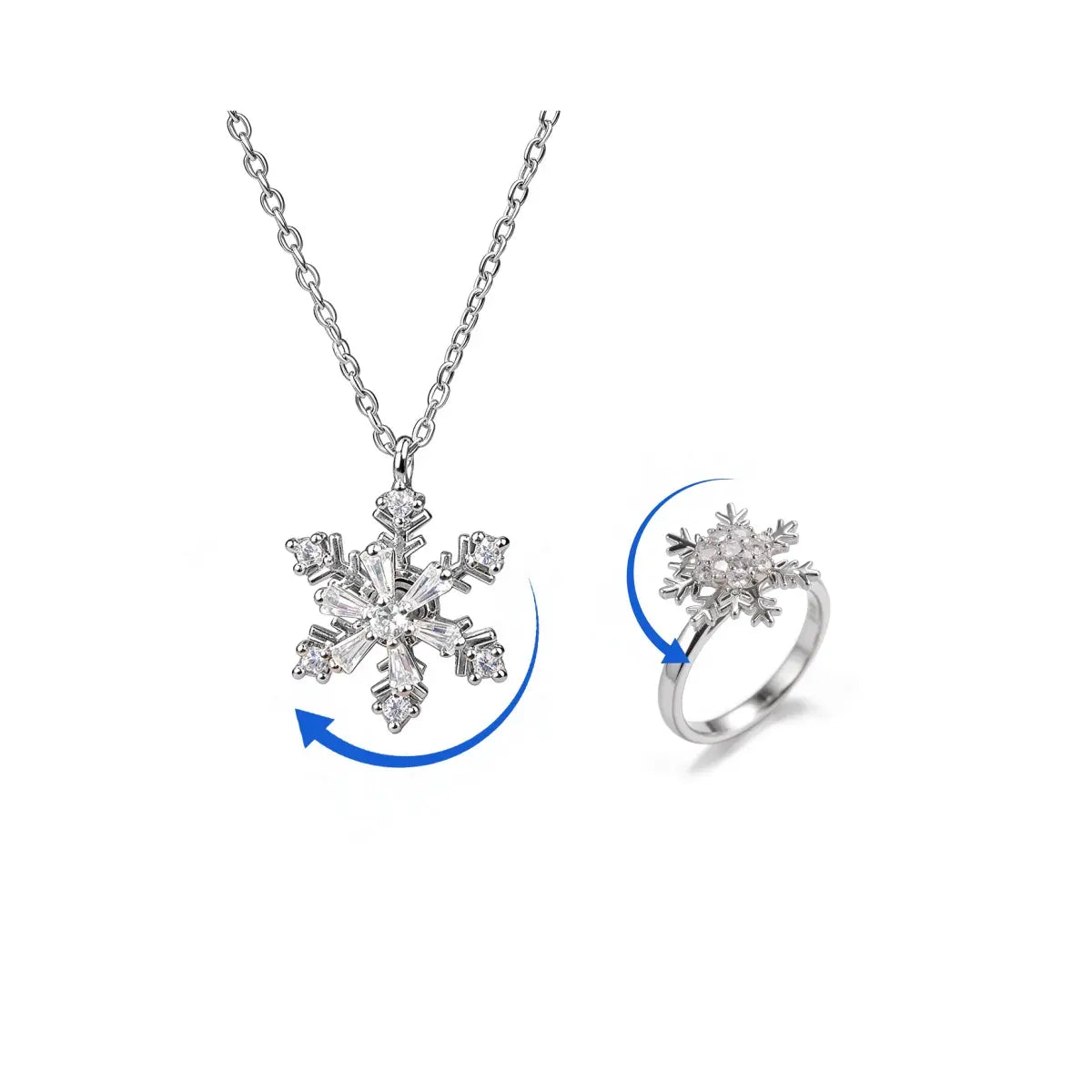 Snowflake Spinner Ring & Pendant Set, Sparkling Cubic Zirconia, Hypoallergenic, No Fading, Open Ring, 16-18'' Necklace, Perfect Holiday Gift,Winter Jewelry