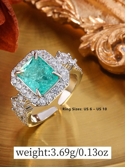Silver Moissanite Women'S Open Ring, Imitation Emerald Tourmaline Fashion Band, Elegant Adjustable Wedding Ring, Luxury Jewelry Gift for Wife, Girlfriend, Birthday, Anniversary, Daily Party & Holiday Wear, Moissanite Rings