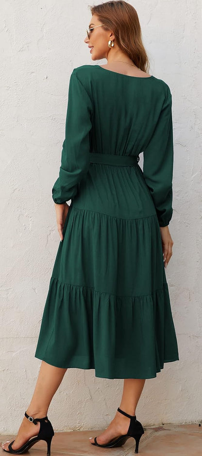 Elevate your fall style with our gorgeous Green Wrap V Neck Midi Dress! Perfect for parties and casual outings! 🍂💚✨ #Fashion #FallStyle #OOTD