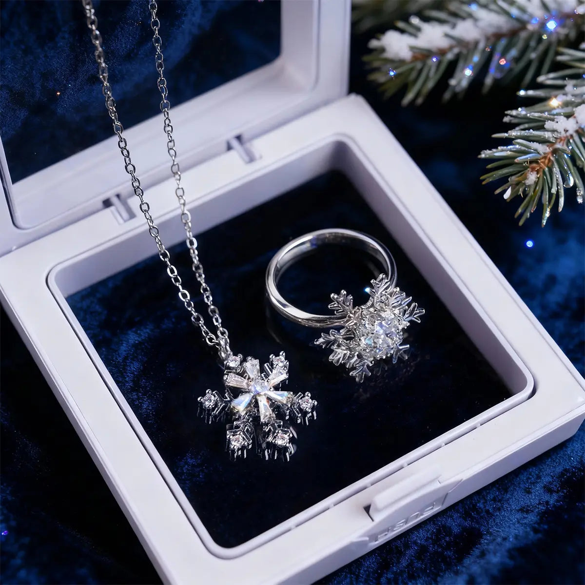Snowflake Spinner Ring & Pendant Set, Sparkling Cubic Zirconia, Hypoallergenic, No Fading, Open Ring, 16-18'' Necklace, Perfect Holiday Gift,Winter Jewelry